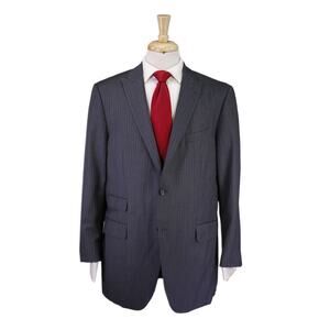 Custom Made Suit Gray Blue Striped Peak Lapel 2-Btn Wool Suit Recent 42R